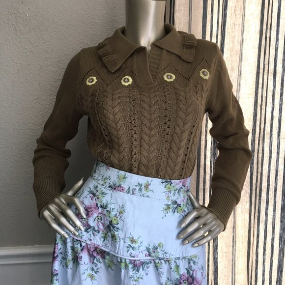EUC SANDY LIANG For Target Olive Pointelle Embroidered Sweater S - Picture 4 of 10